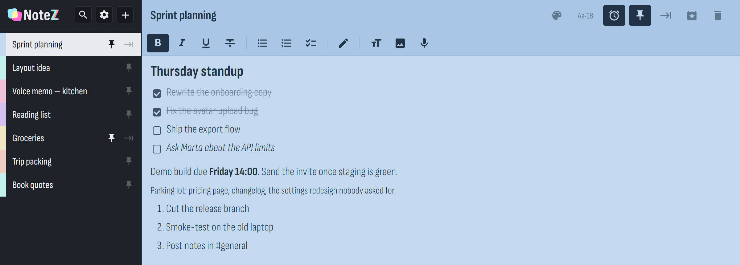 The NotezZz Windows app: the list of notes on the left and an open checklist note on the right