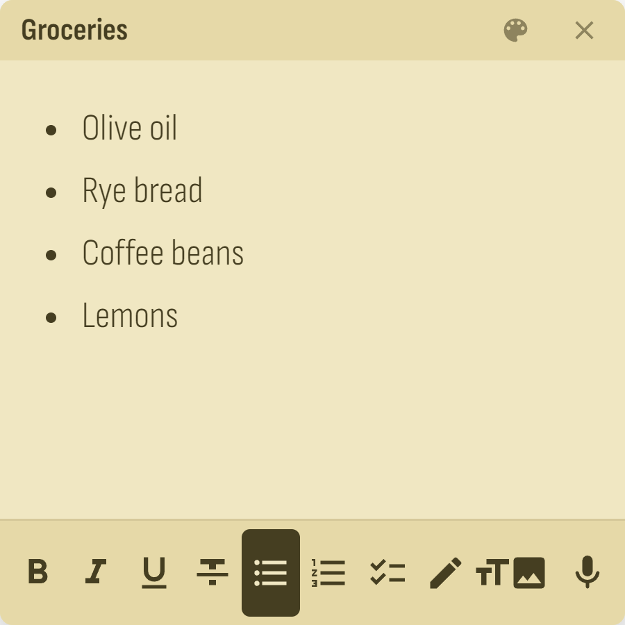 The Groceries note as a sticky window on the Windows desktop